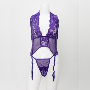 Purple Mesh and Lace Halter Bustier Garter and thong set